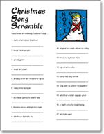 a christmas song scramble is shown in the middle of a page with an image of a snowman on it