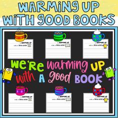 a poster with the words warning up with good books and coffee mugs on it