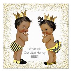 two babies wearing crowns and diapers with the words what will our little honey bee?