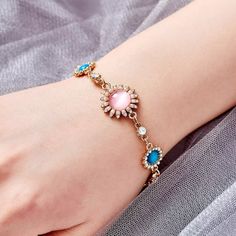 Gorgeous Multicolor Gemstone Flower Design Gold Bracelet Dainty Flower-shaped Crystal Bracelet, Layered Bangles, Crystal Fashion, Wedding Party Jewelry, Heart Chain, Bead Charm Bracelet, Flower Bracelet, Colorful Bracelets, Crystal Bracelet