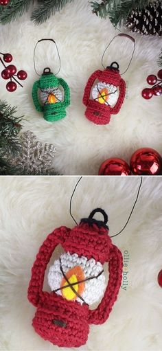 crocheted ornaments are arranged on a white furnishing area with pine cones and evergreens