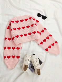 Sweater With Heart-Shaped Pattern Multicolor Casual  Long Sleeve Fabric Heart Pullovers Slight Stretch  Women Clothing, size features are:Bust: ,Length: ,Sleeve Length: Cherry Sweater, Crop Pullover, Fabric Heart, Women Sweaters, Fashion Wishlist, Womens Crewneck, Knitwear Women, Heart Print, Shape Patterns