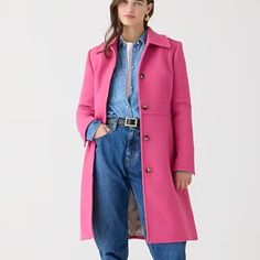 This Flattering, Feminine Coat Has A Sleek, Hidden Button Closure And Is Cut From Double-Cloth Wool. It Takes Color Beautifully And Is Made Exclusively For J Crew By Italy's Manifattura Di Carmignano Mill (Known The World Over For Its Exceptional Woolen Fabrics). Plus, It's Lined With Thinsulate For An Extra Layer Of Warmth Without Bulk. Regular Fit. 75% Wool/25% Polyamide. Point Collar. Button Closure. On-Seam Pockets. Interior Chain Locker Loop. Lined. Dry Clean. Import. Worn Once Or Twice, In Spring Wool Coat With Button Closure And Lapel Collar, Spring Long Wool Coat With Button Cuffs, Fitted Wool Coat With Button Closure For Spring, Tailored Spring Wool Coat With Buttons, Tailored Wool Coat With Buttons For Spring, Spring Wool Coat For Office With Buttons, Spring Wool Coat With Button Closure, Chic Outerwear With Button Cuffs For Daywear, Spring Outerwear With Notch Lapel And Covered Buttons