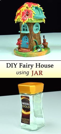 a jar that has some kind of fairy house in it with the words diy fairy house using jar