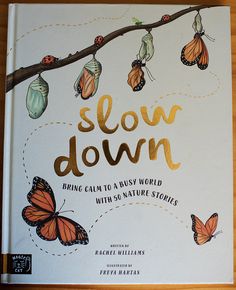 the book slow down is sitting on top of a wooden table with butterflies hanging from it