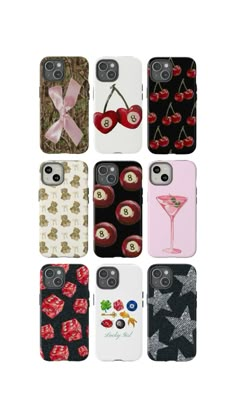 six cases with different designs on them, one has a pink bow and the other has cherries