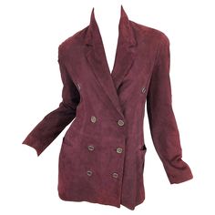 Chic vintage 90s RIFAT OZBEK maroon / burgundy suede leather double breasted blazer jacket! Features pewter buttons, and clear interior buttons to keep everything in place. Pockets at each side of the waist. Yellow embroidered logo directly under the center back collar. Fully lined. The perfect neutral color that is great with anything, and can easily be worn anytime of year. In great condition. Made in Italy Marked Size US 8 Measurements: 38-40 inch bust 34 inch waist 29 inches from top back sh Rifat Ozbek, Maroon Jacket, Maroon Top, Designer Jackets, 1990s Fashion, Double Breasted Jacket, Breasted Blazer, Chic Vintage, Double Breasted Blazer