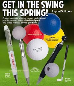 an advertisement featuring golf balls, pens and tees on the grass with text that reads get in the swing this spring