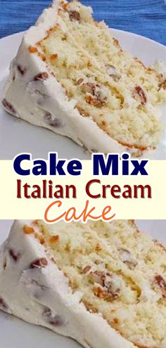 two pieces of cake on a plate with the words cake mix italian cream cake above it