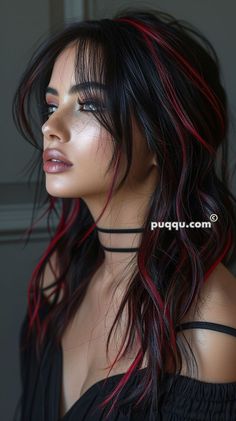 Dark Brown And Red Hair, Halo Hair Colors, Black Hair With Red Highlights, Pretty Wigs, Diy Highlights, Edgy Vibes, Black Red Hair, Red Balayage, Dip Dye Hair