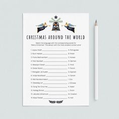 a christmas around the world printable game with pencil and pen on top of it