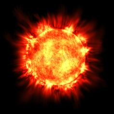 an orange and yellow sun in the dark with bright red flames on it's side