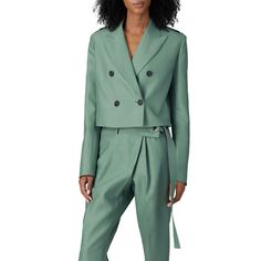 Green wool (71% Virgin Wool, 29% Silk). Jacket. Long sleeves. Exposed font button closure. 20.5" from shoulder to hemline. Imported. Shown here with SCHUTZ Shoes. Fall Cropped Jacket With Notch Lapel, Fall Cropped Jacket With Notch Lapel And Button Closure, Fitted Double-breasted Cropped Jacket With Buttons, Wool Cropped Jacket With Buttons For Workwear, Wool Cropped Business Jacket For Winter, Wool Cropped Jacket For Business In Winter, Fitted Cropped Jacket With Double Button For Winter, Cropped Long Sleeve Jacket With Double Button For Business, Business Cropped Long Sleeve Jacket With Double Button