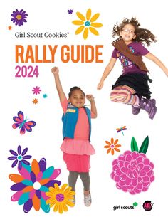 a girl scout is jumping in the air with her back to school backpack and flowers