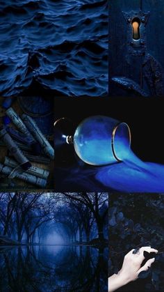 a collage of blue images with water and trees