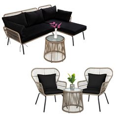 three different types of outdoor furniture with black cushions and white wickers on them