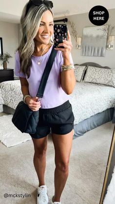 These running shorts are a must for summer athleisure! They are perfect for casual mom style, running errands, or a cute gym outfit. Summer athletic outfit for women. I'm styling athletic shorts, a cropped tshirt, sneakers, and a puff crossbody bag for a cute athletic outfit. Shop these shorts and follow for more amazon athleisure outfits! #Affiliatelink Sports Mom Summer Outfit, Athletic Skort Outfit Ideas, Summer Soccer Mom Outfit, Athleisure Shorts Outfit, How To Style Athletic Shorts, Cute Athletic Outfits For Summer, Summer Outfits Athleisure, Women Athletic Outfits