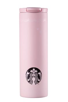 a pink starbucks cup with the logo on it