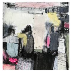 an abstract painting with black, white and pink colors