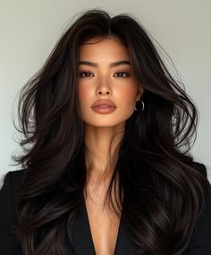 Stylish Deep Side Part with Dark Fall Hair Colors Asian. Asian Dark Hair, Hair Color For Asian Women, Dark Red Brown Hair Color, Hair Colors Asian, Dark Brown Hair Rich, Deep Black Hair, Highlights On Brown Hair, Dark Fall Hair Colors, Deep Side Part