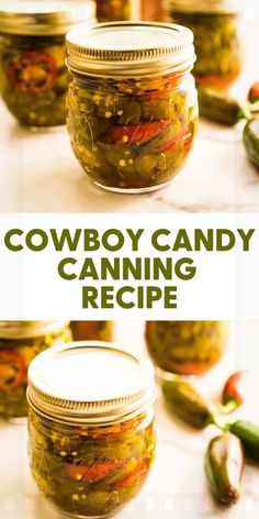 two images showing the canning process for cowboy candy in jars with peppers and jalapenos