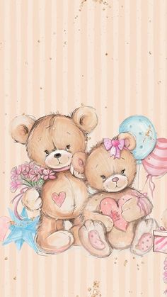 two brown teddy bears sitting next to each other on a pink striped background with balloons