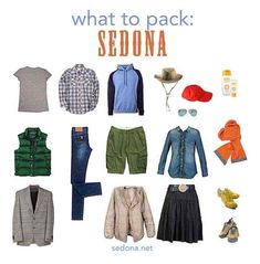 there are many different types of clothing and shoes on the white background with text that says what to pack sedona