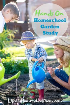 two children playing in the garden with their mom and dad text reads hands - on homeschool garden study