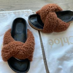 Chloe Dyed Lamb Shearling (Spain) Fur Sandal. 1" Flat Cork Heel. Open Toe. Slide-On Style. Leather Lining. Rubber Sole. Made In Italy. Fur Sandals, Chloe Brown, Cork Heels, Chloe Shoes, Women's Shoes Sandals, Open Toe, Cork, Rubber Sole, Chloe