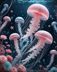 some jellyfish are swimming in the water