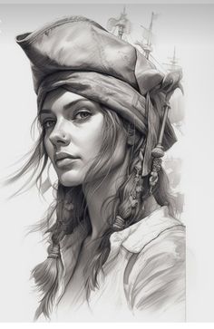 a drawing of a woman wearing a pirate hat