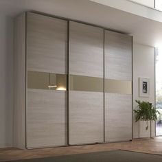 a living room with sliding doors and a potted plant