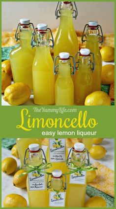 lemonade with labels on the bottles are shown in this collage, and there is also an image of lemons