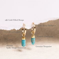 Turquoise Spike Earrings - Genuine Turquoise Gemstones on 14k Gold Filled Small Hoop Earrings - Minimalist Jewelry for Her - Gift for Wife Gemstones: 16x5mm approximately Bezel: Vermeil Gold (14k Gold over Sterling Silver) Hoops Material: 14K Gold Filled Hoop Diameter: 13mm Hoop Width: 2mm Gemstone: Genuine Turquoise Closure: FlexCatch Note that due to the handmade nature of these genuine stones, measurements are approximately and might vary slightly for each stone. Made in the USA. Jewelry Care Minimalist Hypoallergenic Turquoise Hoop Earrings, Minimalist Turquoise Hypoallergenic Hoop Earrings, Turquoise Hoop Earrings With Natural Stones As Gift, Turquoise Natural Stone Hoop Earrings As Gift, Minimalist Turquoise Hoop Earrings For Gifts, Minimalist Turquoise Hoop Earrings As Gift, Turquoise Hoop Huggie Earrings As Gift, Small Hoop Earrings, Gold Filled Hoops