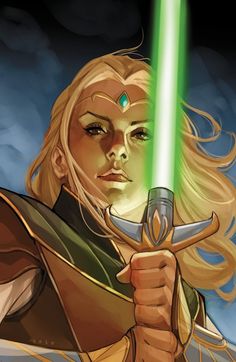 a woman with blonde hair holding a green light saber