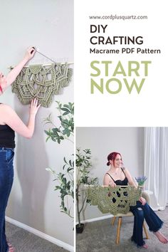 a woman sitting on a chair holding a crochet doily with the words, diy crafting macrame pd pattern start now