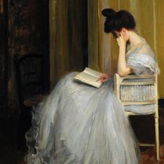 a painting of a woman sitting in a chair reading a book with her hand on her face