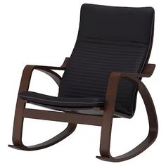 a rocking chair with black leather upholstered on the seat and backrests