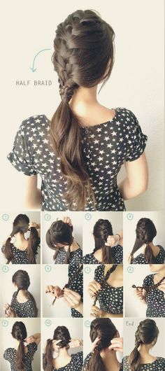 half french braided ponytail - instead of the extra braid around the hair band, I think a clip or ribbon would be cute :) Types Of Ponytail Hairstyles, Types Of Ponytails, Ponytail Hairstyles Tutorial, Half Braid, French Braid Hairstyles, Braided Ponytail Hairstyles, Braided Hairstyles Tutorials, Braided Ponytail, Everyday Hairstyles