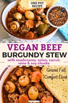 Vegan Beef Burgundy Stew in a white bowl with slice of bread, with text Beef Burgundy Stew Great Fall Comfort Food. Tvp Recipes Vegan, Stewed Vegetables, Vegan Beef Stew, Soy Chunks, Tvp Recipes, Vegan Stew Recipes, Stew Vegan, Recipes Veggie, Healthy Vegan Dinner Recipes