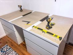 a workbench with tools on top of it