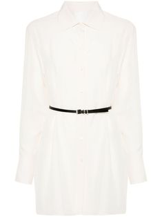 cream white silk satin finish front button fastening classic collar long sleeves buttoned cuffs embroidered logo at the sleeve pleat detailing detachable waist belt straight hem side slits Elegant Belted Blouse For Work, Elegant Belted Blouse For Spring, Elegant Spring Belted Blouse, Belted Long Sleeve Blouse For Work, Chic Long Sleeve Belted Blouse, Belted Blouse For Workwear, Givenchy Clothing, White Silk, Silk Shirt