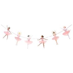 five ballerinas are hanging on a string with their arms in the air and one is wearing a pink tutu