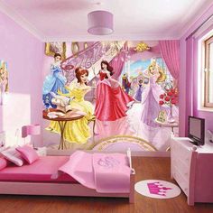 a bedroom decorated in pink and white with princesses on the wall