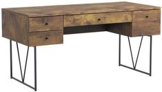 a wooden desk with metal legs and a drawer on the top, against a white background