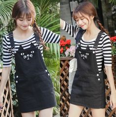 fashion cute cat strap dress sold by Honey Honey. Shop more products from Honey Honey on Storenvy, the home of independent small businesses all over the world. Casual Black Cotton Pinafore Dress, Black Cotton Pinafore Dress For Spring, Summer Cotton Mini Pinafore Dress, Black Cotton Pinafore Dress For Summer, Teen Dress, Wedge Heel Boots, Cat Fashion, Lace Straps, Vintage Winter