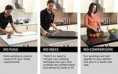 three pictures showing how to use a cutting board for kitchen worktops and counter tops