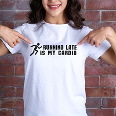 Get a laugh with our 'Running Late is My Cardio' t-shirt! Perfect for anyone who's always just a little behind schedule and loves humorous quotes. This funny unisex procrastinator t-shirt is ideal for those who embrace their laid-back lifestyle. The unisex soft-style t-shirt puts a new spin on casual comfort. Made from very soft materials, this tee is 100% cotton for solid colors. Heather colors and sports grey include polyester. The shoulders have twill tape for improved durability. There are no side seams. The collar is made with ribbed knitting to prevent curling damage. Made with 100% ring-spun cotton, a lightweight fabric (4.5 oz/yd² (153 g/m this unisex t-shirt feels like a bliss to wear all year round. The classic fit with the crew neckline delivers a clean, versatile style that can Lazy Quotes Funny, Couple Tee Shirts, Lazy Humor, Humorous Quotes, Couple Tees, Running Late, Versatile Style, Soft Style, Twill Tape