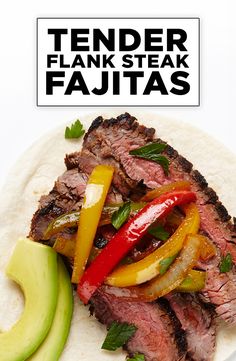 a steak fajita with peppers, bell peppers and jalapenos on it