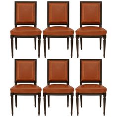 six chairs with brown leather upholstered seats